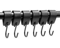 Strength - Multifunctionele Leren S-haken - Zwart - 6 stuks - Kapstokhaak leer - voor keuken, badkamer, slaapkamer en kantoor