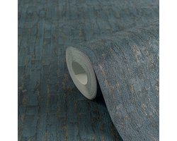 Strepen behang Profhome 786665-GU vliesbehang hardvinyl warmdruk in reliëf gestructureerd met metalen accenten mat blauw platina blauwgrijs 5,33 m2