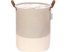 Strepenpatroon canvas stof wasmand met PU-leren handgrepen - Opvouwbaar en waterdicht - 44 x 35 cm, Grijs