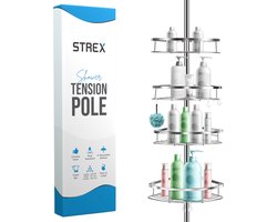 Strex Telescopisch Doucherek RVS - Verstelbaar 70-275 cm - 4 Mandjes - Robuuste Kwaliteit - Bevestigen zonder Boren of Schroeven - Telescopisch Douche Rek Hoek