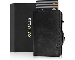 Strolox® Pasjeshouder Luxe Portemonnee Zwart - Creditcardhouder 11 pasjes + Briefgeld - Kaarthouder Pashouder Uitschuifbaar - RFID & NFC Kaarthouder - leer - Mannen & Vrouwen Incl. Luxe Cadeauverpakking