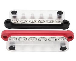 Stroomverdeler, 150 A, 2 stuks, 12 V-48 V, 6 kanalen, stofkap, M8-aansluitbouten, verzamelrail, 6 x 5/16 inch, voor voertuigen