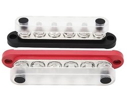 Stroomverdeler, 150 A, 2 stuks, 12 V-48 V, 6 kanalen, stofkap, M8-aansluitbouten, verzamelrail, 6 x 5/16 inch, voor voertuigen