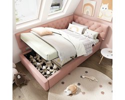 Strovea Eenpersoonsbed 90×190 cm – Slaapbank met Hydraulische Opbergruimte – Kinderbed Jeugdbed met Houten Lattenbodem – Fluweel Roze