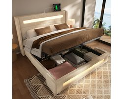 Strovea Gestoffeerd bed 140x200 cm, tweepersoonsbed jeugdbed met LED-verlichting, hydraulisch hefbare bedopbergruimte, USB C-type oplaadfunctie, opbergbed, linnen, beige, zonder matras