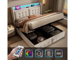 Strovea Gestoffeerd Bed 180x200 cm - Boxspring Met LED En USB - Bed Met Opbergruimte - Voor Tieners - Katoen - Beige (geen matras)