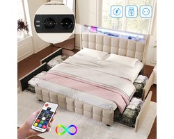 Strovea Gestoffeerd bed tweepersoonsbed 140x200 cm met LED-hoofdbord en USB-aansluiting, jeugdbed met lattenbodem en 4 laden opbergruimte, opbergbed, bedombouw, zonder matras, linnen beige