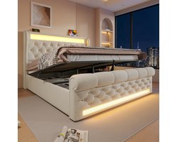 Strovea Gestoffeerd bed - tweepersoonsbed 140x200 cm met LED-verlichting met USB- en Type-C-poorten met opbergruimte - beige - zonder matras