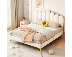 Strovea Gestoffeerd twin bed 140 x 200 cm, Bedplaats met hoofdeinde en Flat noedles frame, Volwassen jeugdbed gastenbed, huidvriendelijk fluweel Beige