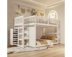 Strovea Half Hoogslaper 140x200 cm - Kinderbed met Opbergruimte - Houten Bed voor Kinderen - Wit