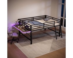 Strovea Half Hoogslaper 140x200 cm – Metalen Bed met Inklapbaar Bureau - Tweepersoonsbed met Uitvalbeveiliging en LED Verlichting - Zwart