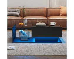 Strovea Hoogglans Salontafel - Koffietafel met Lade en LED-Verlichting - Glazen tafelblad - 100x50x32 cm - Zwart