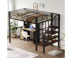 Strovea Hoogslaper, 140 x 200cm, Stevige metalen constructie met ruime opbergruimte onder het bed en de trap Ideaal voor kinderen en volwassenen, Opbergbed voor maximaal ruimtegebruik, zwart