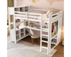 Strovea Hoogslaper 140x200 cm – Houten Bed met Bureau - Kast en Open Planken – Halfhoogslaper met Opbergruimte – Wit – Zonder Matras