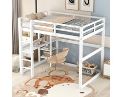 Strovea Hoogslaper 140x200 cm – Houten Kinderbed met Bureau en Opbergruimte – Wit – Massief Hout – Zonder Matras