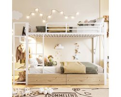 Strovea Hoogslaper 140x200 cm met LED, Kledingkast en Lades - Metalen Frame, Opbergplanken - Wit (Zonder Matras)