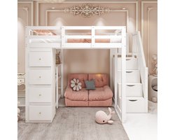 Strovea Hoogslaper 140x200 cm met Opberglades en Veilige Trap, Multifunctioneel Massief Houten Bed, Wit
