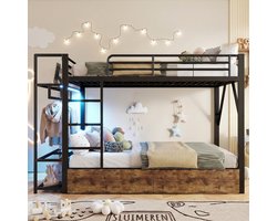 Strovea Hoogslaper 140x200 met LED & Opbergruimte - Zwart Metalen Frame, 2 Lades, Planken & Kledingroede - Industrieel Design