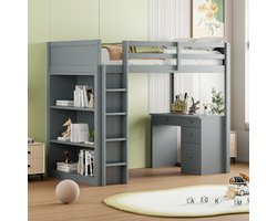 Strovea Hoogslaper - 90 x 200 cm - Houten kinderbed - Met opbergkast - Bureau - Grijs