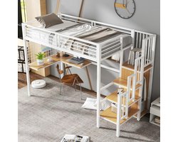 Strovea Hoogslaper 90x200 cm met L-vormig bureau en kledingkast, zijladder met leuning, ijzeren frame, kinderbed, jeugdbed, wit