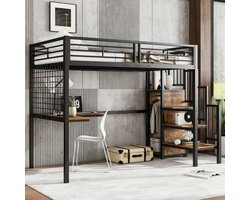 Strovea Hoogslaper 90x200 cm met L-vormig bureau en kledingkast, zijladder met leuning, ijzeren frame, kinderbed, jeugdbed, zwart