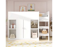 Strovea Hoogslaper 90x200 cm met Opbergruimte, Kledingkast en Planken, Kinderbed met Trap en Stabiel Frame, Wit