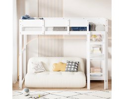 Strovea Hoogslaper 90x200 cm met opbergruimte, massief grenen bedframe met lattenbodem, kinderbed en tienerbed, wit