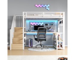 Strovea Hoogslaper 90x200 met Bureau, LED & Opbergruimte - Kinderbed Metaal Wit, Trap, USB & Type-C