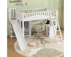 Strovea Hoogslaper 90x200 met Glijbaan - Eenpersoonsbed met Bureau en Kast – Wit