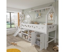Strovea Hoogslaper 90x200cm - Met Glijbaan En Trappenkast - Kinderbed Met Schuiflades - Massief Hout + MDF - Wit (Zonder Matras)
