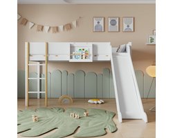 Strovea Hoogslaper - met drie rechte treden - met glijbaan - Den + MDF - Wit + Naturel - 90x200 cm - Zonder matras