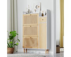 Strovea Houten schoenkast van rotan geschikt voor smalle ingangen ,3 kanteldeuren en 1 lade met massief houten poten en handvatten, afmetingen: B90/H125/T17 cm