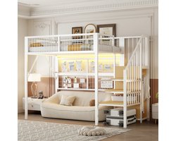 Strovea IJzeren bed, stapelbed, hoogslaper 90*200, geschikt voor kinderen en tieners Veelzijdige metalen hoogslaper met app-gestuurde led-lichtbalken, trap met opbergruimte, open kast Zwart Wit