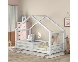 Strovea Kinderbed Huisbed met Schoorsteen, Valbeveiliging, Robuuste Lattenbodems, Grenen Houten Huisbed voor Kinderen 90x200 cm Zonder Matras, Wit