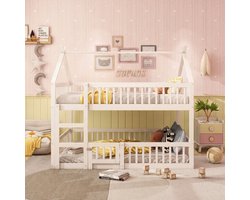 Strovea Kinderhoogslaper 140x200 cm met Trap, Massief Houten Familiekajuitbed, Wit