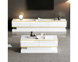 Strovea Luxe Woonkamer Set TV Meubel & Salontafel met veel Opbergruimte - Wit Highgloss - TV Meubel 200x40x40 cm met 3 Lades - Salontafel 100x50x38 cm met 2 Lades - Moderne Woonkamerset - TV Kast & Coffee Tafel, Stevig & Stijlvol