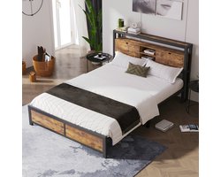 Strovea Metalen Twijfelaarbedden 140x200 cm - Bed Met Opbergruimte Hoofdeinde - Stevig Metaal - Natuurlijk (Geen Matras)