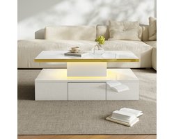 Strovea Moderne Hoogglans Salontafel met Opbergruimte & LED – 100x50x38,5 cm – Koffietafel met Lade & 2 Opbergniveaus – Bijzettafel Design Meubel voor Woonkamer – Wit