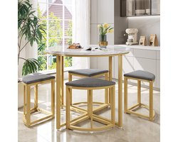 Strovea Moderne Ronde Eettafel Set met 4 Grijze Velvet Stoelen - Wit MDF & Gouden Frame - 80x80x75cm - Keukentafel