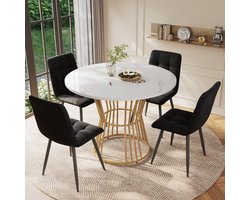 Strovea Ronde Eettafel Marmer Look - Wit & Goud - Metalen Poten - 4 Personen - Modern Design - 100x100x75 cm
