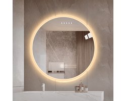 Strovea Ronde LED Badkamerspiegel 80cm met Verlichting - Anti-Condens, Dimbaar, 3 Lichtkleuren (3000K-6000K) - Wandspiegel Zilver