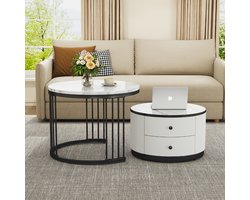 Strovea Ronde Salontafel Set van 2 - Nesting Koffietafel - Hoogglans marmer look - 2 lades - Grote tafel Ø60x45,5cm, Kleine tafel Ø50x32cm - Wit en Zwart