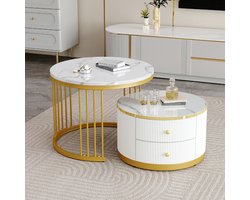 Strovea Ronde Salontafel Set van 2 - Nesting Koffietafel - Hoogglans marmer look - 2 lades - Grote tafel Ø60x45,5cm, Kleine tafel Ø50x32cm - Wit en Goud