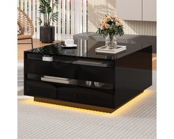 Strovea Salon salontafel 70*70*38 cm, salontafel met LED-verlichting, salontafel met 1 lade, glanzende bijzettafel met verborgen opbergruimte en opklapbare deuren, zwart