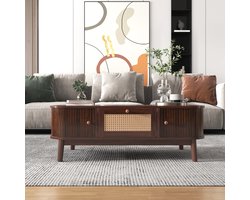 Strovea Salontafel met lade en schuifdeuren - Rotan koffietafel - Massief houten latten - Massief houten poten - Natuurlijke landelijke stijl - Bruin