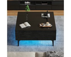 Strovea Salontafels 70*70*35 cm Salontafel in hoogte verstelbare salontafel met verborgen opbergruimte en legplanken glanzend zwarte salontafel bureau met LED-verlichting salontafel met lades