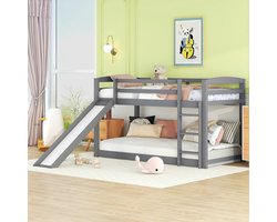 Strovea Stapelbed 90x200 cm - Hoogslaper Met Glijbaan En Massief Grenen Frame - Veilig En Praktisch Voor Kinderen - Grijs