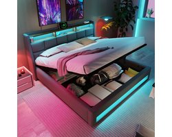 Strovea Tweepersoonsbed Bed volwassenen Gestoffeerd met USB LED bed met metalen lattenbodem 140x200 cm Grijs