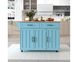 Strovea Verrijdbaar Keukeneiland & Serveerwagen met Uitklapbaar Houten Blad, Lades en Kast - Blauw, 129cm