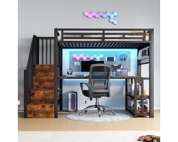 Strovea Zwarte Hoogslaper 90x200 cm met Bureau, Opbergtrap, Metalen Frame, LED, USB & Planken